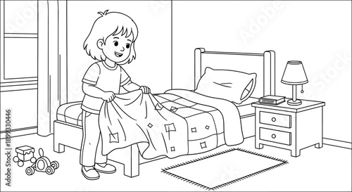 Child Making Bed in Bedroom.