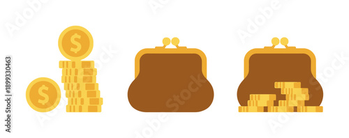 Of gold coins and brown coin purses a white background money currency