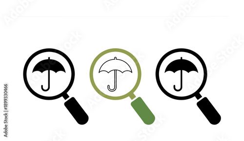 Magnifying glasses with umbrellas inside green and black search find