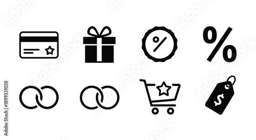 Black icons representing shopping gifts and finance a silhouette