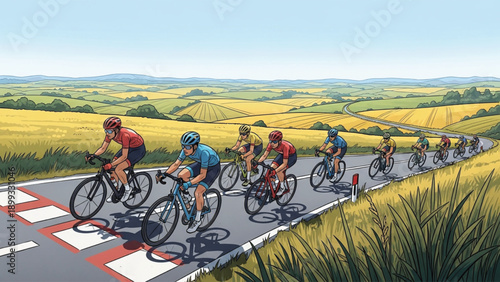 Cyclists riding bicycles on a scenic road through green hills and flowers.