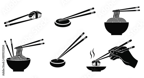 Black and white illustrations of ramen chopsticks and bowls ideal for culinary designs on transparent background silhouette high quality professional detailed