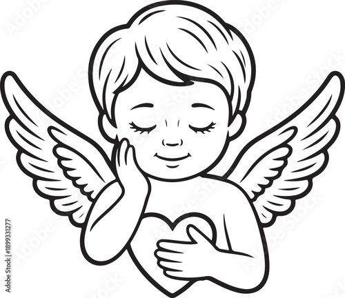 Cute cherub holding heart line art
