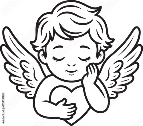 Cute cherub holding heart line art
