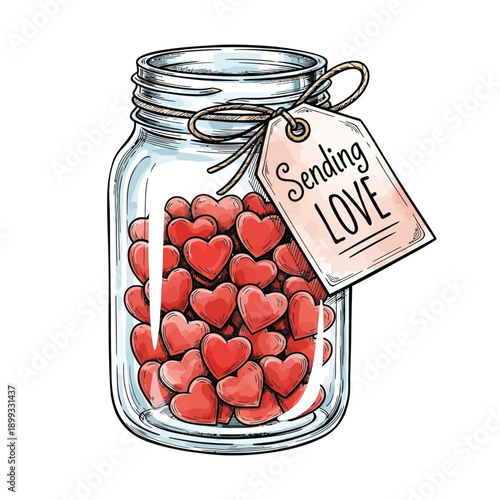 Mason jar filled with red hearts and a tag that says sending love is a symbol of affection and appreciation for loved ones on valentines day and anniversaries.