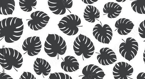 Seamless pattern featuring dark grey tropical monstera deliciosa leaves scattered across a clean white background creating a minimalist botanical illustration backdrop
