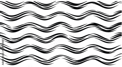 Seamless repeating pattern featuring abstract horizontal black brush stroke waves suggesting fluid motion or dynamic water energy