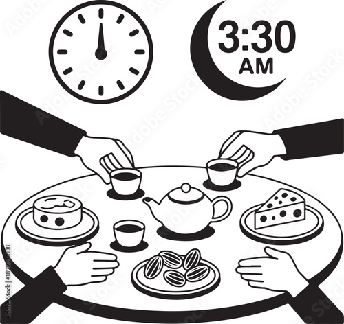 Detailed ramadan kareem and eid mubarak celebration outline icons set showing mosques prayer and food symbols