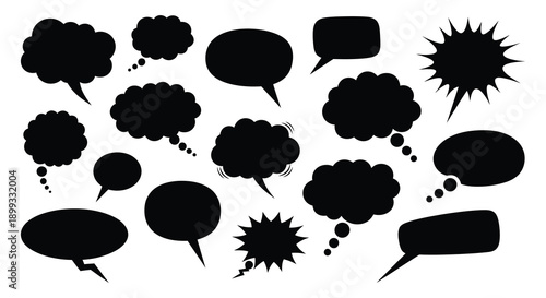 A collection of various black speech bubbles and thought balloons in different shapes on transparent background silhouette high quality professional detailed