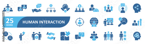 Human Interaction icon set In Blue Style, Vector Illustration. Contain icons related to interaction, connect, network, friends, human relationships, communication, people, networking