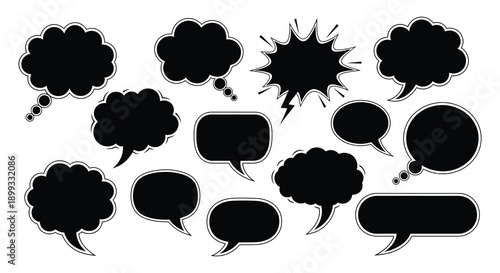A collection of various black speech bubbles and thought balloons ideal for comics and design on transparent background silhouette high quality