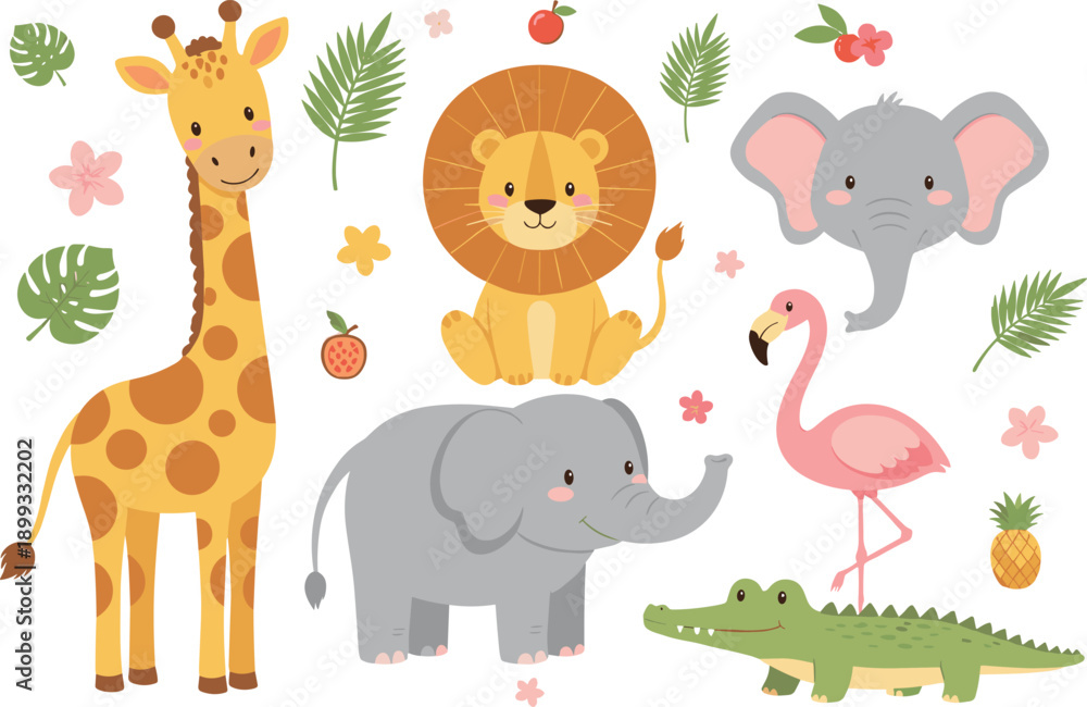 Obraz premium Cute safari animals set with lion giraffe elephant flamingo and crocodile in pastel cartoon vector illustration style