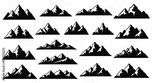 A collection of black mountain silhouettes arranged in a grid pattern on transparent background silhouette high quality professional detailed modern elegant