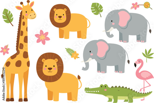 Cute safari animal illustration set with lion giraffe elephant flamingo and crocodile in pastel cartoon vector style