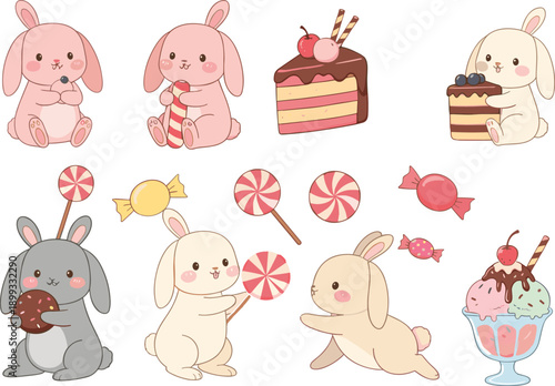 Cute bunny characters with sweets and desserts including candy cake ice cream in pastel kawaii cartoon vector style