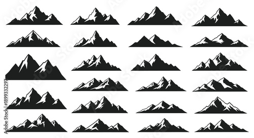 A collection of black mountain silhouettes arranged in a grid pattern ideal for design projects on transparent background high quality professional