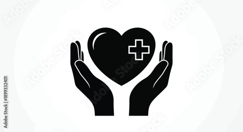 Hands cradling a heart with a medical cross symbolic silhouette