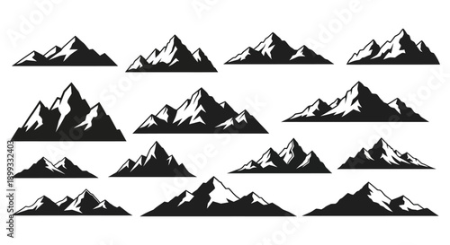 A collection of black mountain silhouettes arranged in rows ideal for design projects on transparent background high quality professional detailed modern