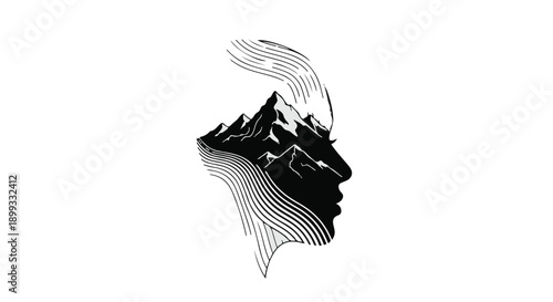 Surreal profile silhouette merges with a majestic mountain range, evoking nature's power and human connection.