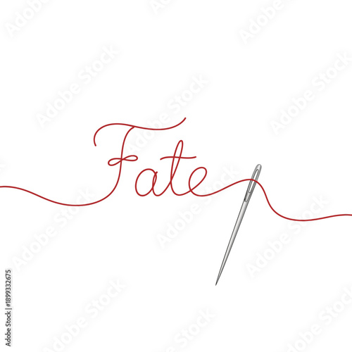 Elegant red thread with needle forming the word fate in cursive script on a white background, symbolizing destiny and intricate craftsmanship.