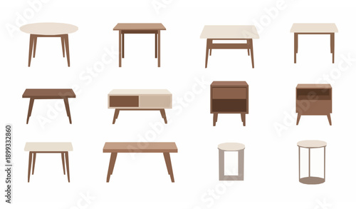 Modern table furniture vector set with dining coffee bedside and console tables isolated on white background