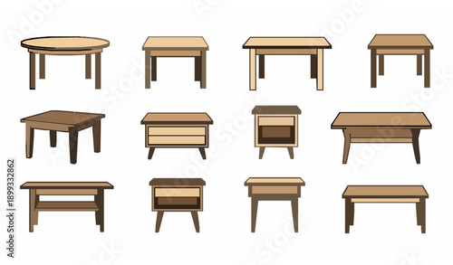 Outline table furniture vector set with dining coffee bedside and console tables isolated on white