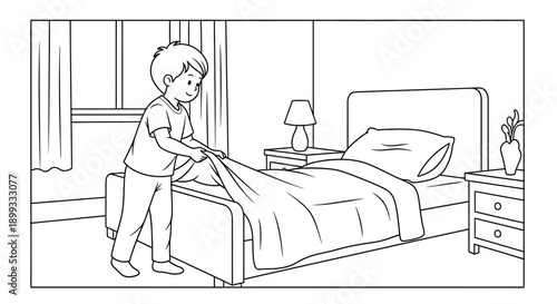 Boy Making Bed in Bedroom.