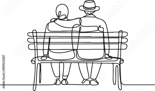 Elderly couple.Line art old woman man sitting on bench in city park back view vector illustration continuous line drawing.Happy grandparents