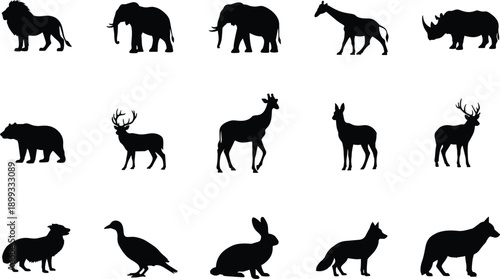 Wild animal silhouette collection including mammals and birds isolated on white background for wildlife logos vector icons and design projects