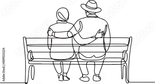 Elderly couple.Line art old woman man sitting on bench in city park back view vector illustration continuous line drawing.Happy grandparents