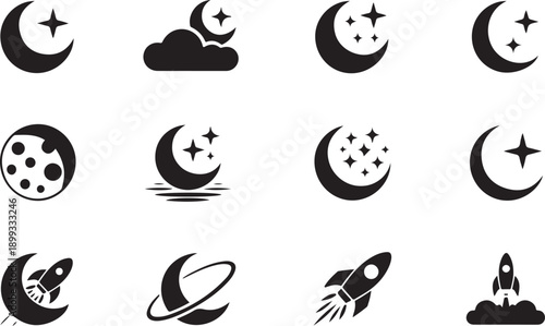 Elegant crescent moon and star logo design. Moon with star, reflection on water, clouds, and rocket icon vector illustration