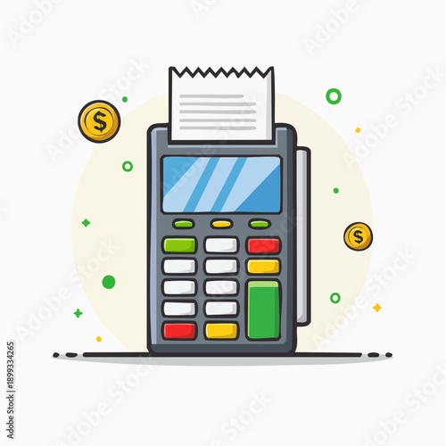 Vector illustration of a point of sale terminal with coins, symbolizing payment and financial transactions in a modern economy