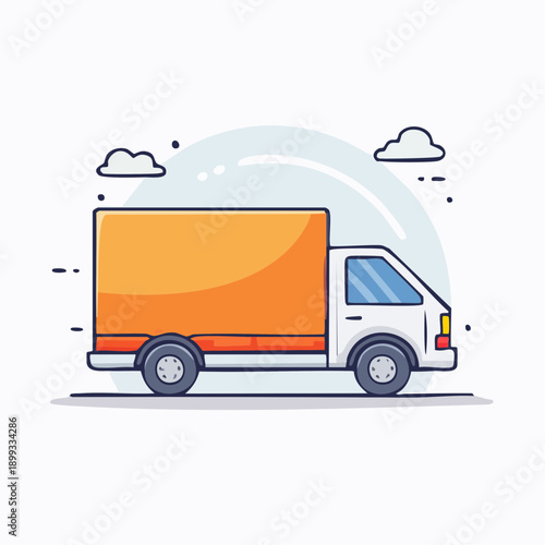 A simple orange cargo truck driving on a road with clouds in the background, representing logistics and delivery services