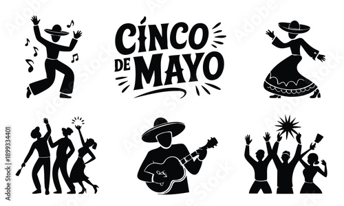 Cinco de mayo dancing people silhouette icons set bundle