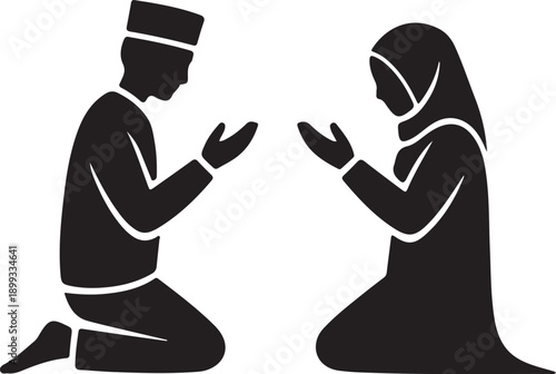 Flat islamic prayer icon design, muslim man and woman illustration template vector