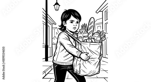 Child carrying large grocery bag.