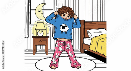 Girl Wearing Pajamas in Bedroom.