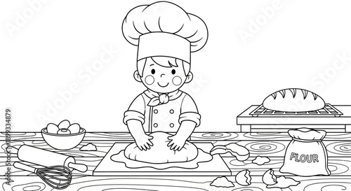 Cartoon Chef Preparing Pizza Dough.