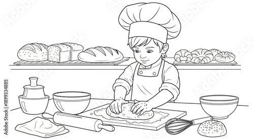 Young Baker Kneading Dough Kitchen.