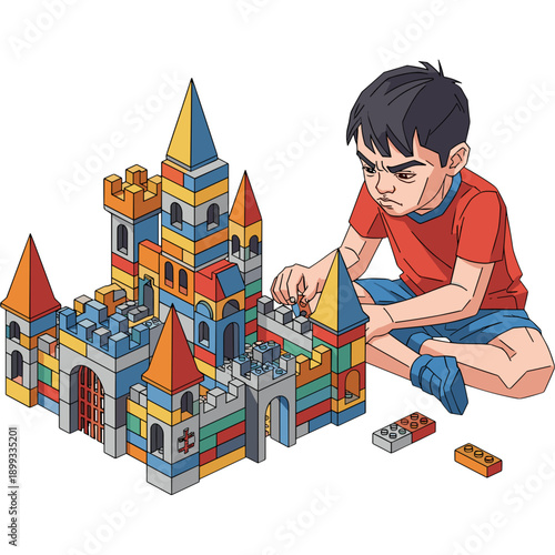 A cartoon illustration of a little boy playing on the beach, the playground, and with a toy train amidst a vintage urban city filled with old architecture and castle sketches