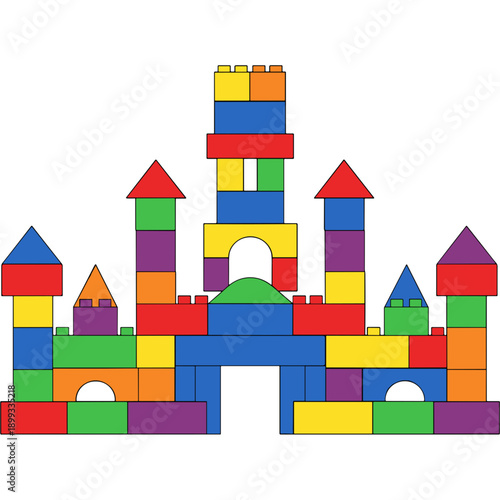 A colorful 3d illustration of a wooden toy house and building blocks tower designed for a child to play and build a creative home construction