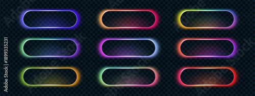 Neon glow 3d buttons with gradient light box frame and smooth call action highlights in multiple hues. These neon call action shapes look glossy and futuristic.