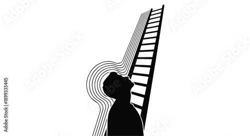 Silhouette of a person looking up at a ladder stretching into the sky, symbolizing ambition and aspiration.