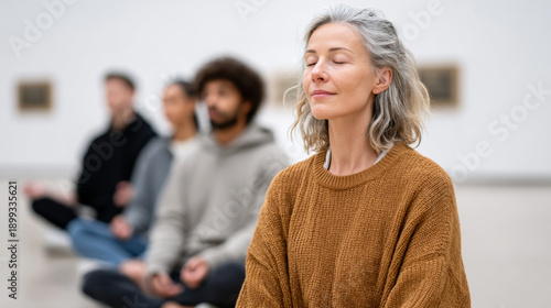Diverse group of students meditating silently in modern art gallery