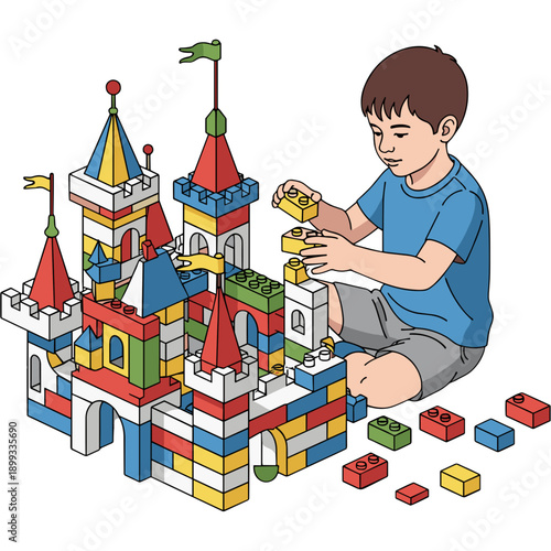 A happy cartoon child is an illustration of a little boy playing with toy blocks for school education and childhood fun