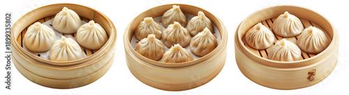 Steamed dumplings Xiao Long Bao in a bamboo steamer isolated on white background, concept of Asian traditional cuisine