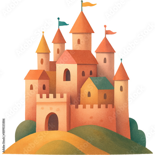 Castle on a hill under the sky with medieval towers and stone walls in a simple vector style