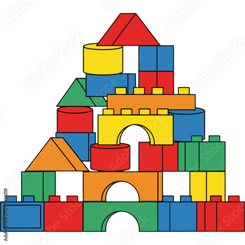 A colorful 3d construction set featuring wooden building blocks and green plastic bricks to build a toy house concept for a child's play game