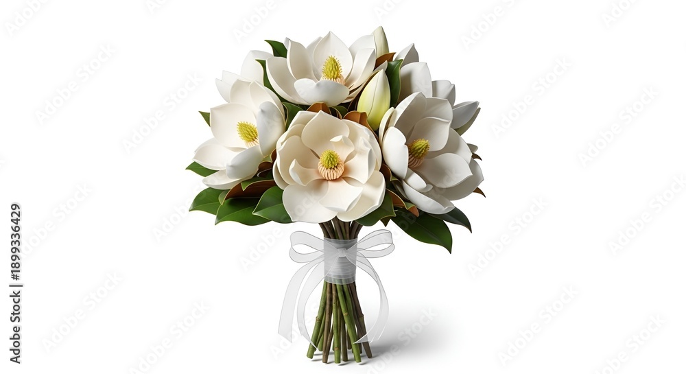 Obraz premium A beautiful bouquet of white magnolia flowers with green leaves tied with a white ribbon on a white background