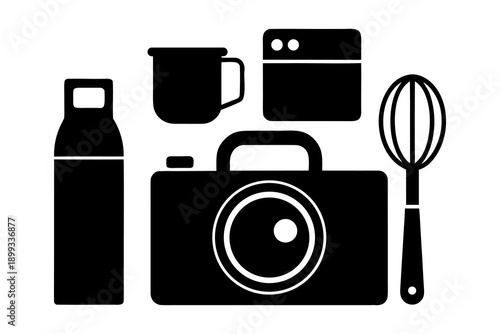 Solid Style Camera and Cooking Icons on White Background.